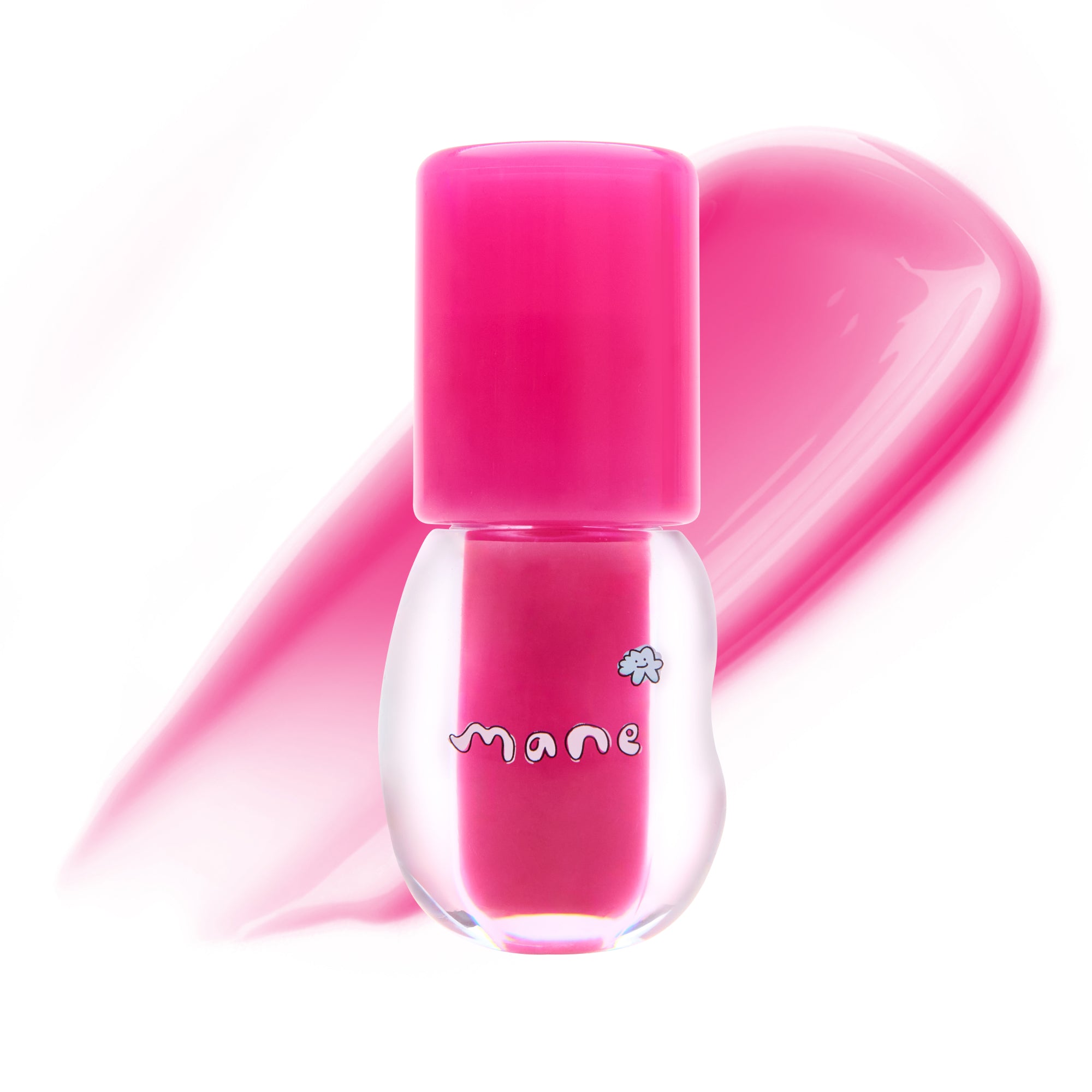 Pink lip gloss bottle with 'mane' branding on a white background