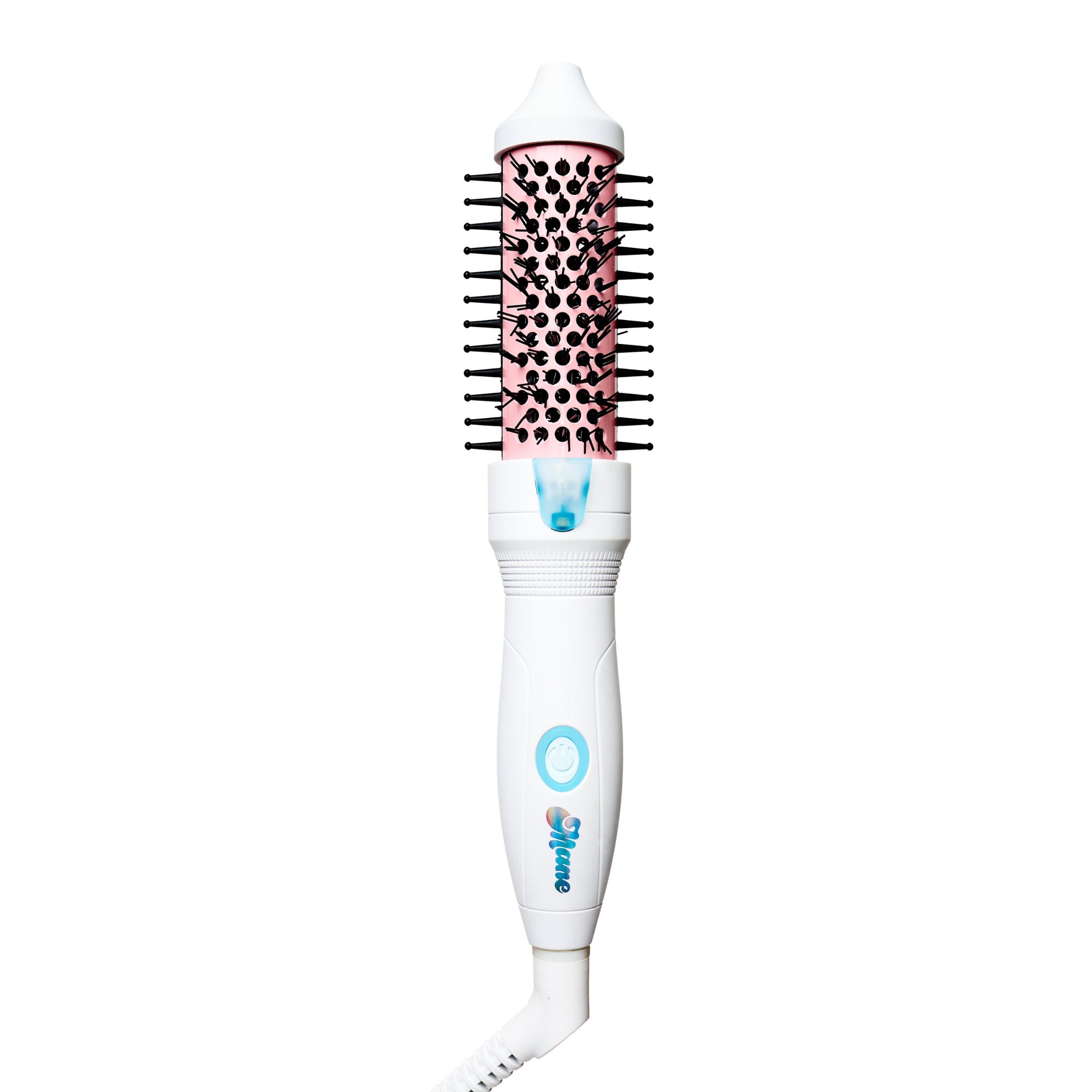 White hair styling tool with pink bristle head on a white background