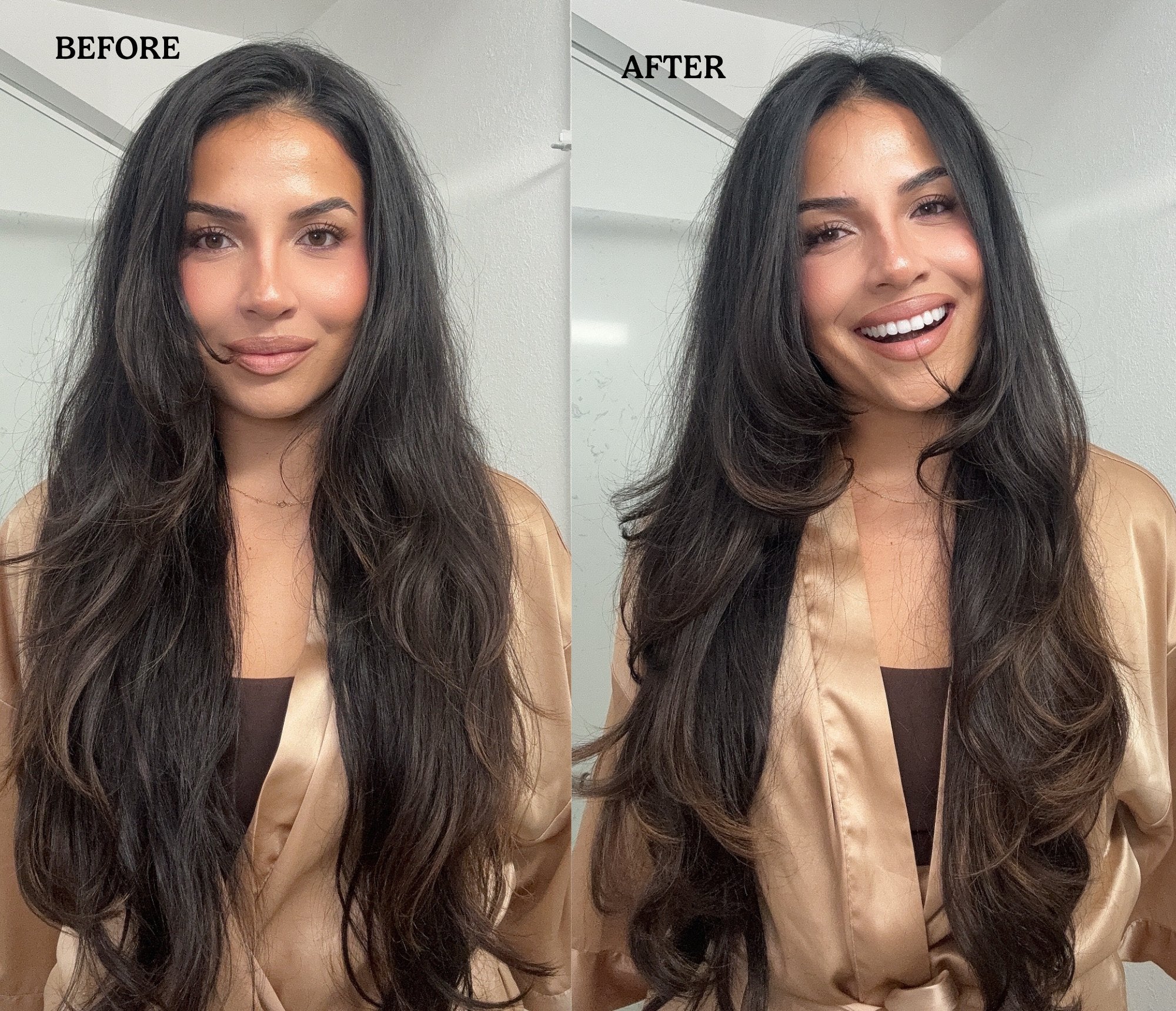 Before and after: long dark hair goes from flat to smooth with soft volume
