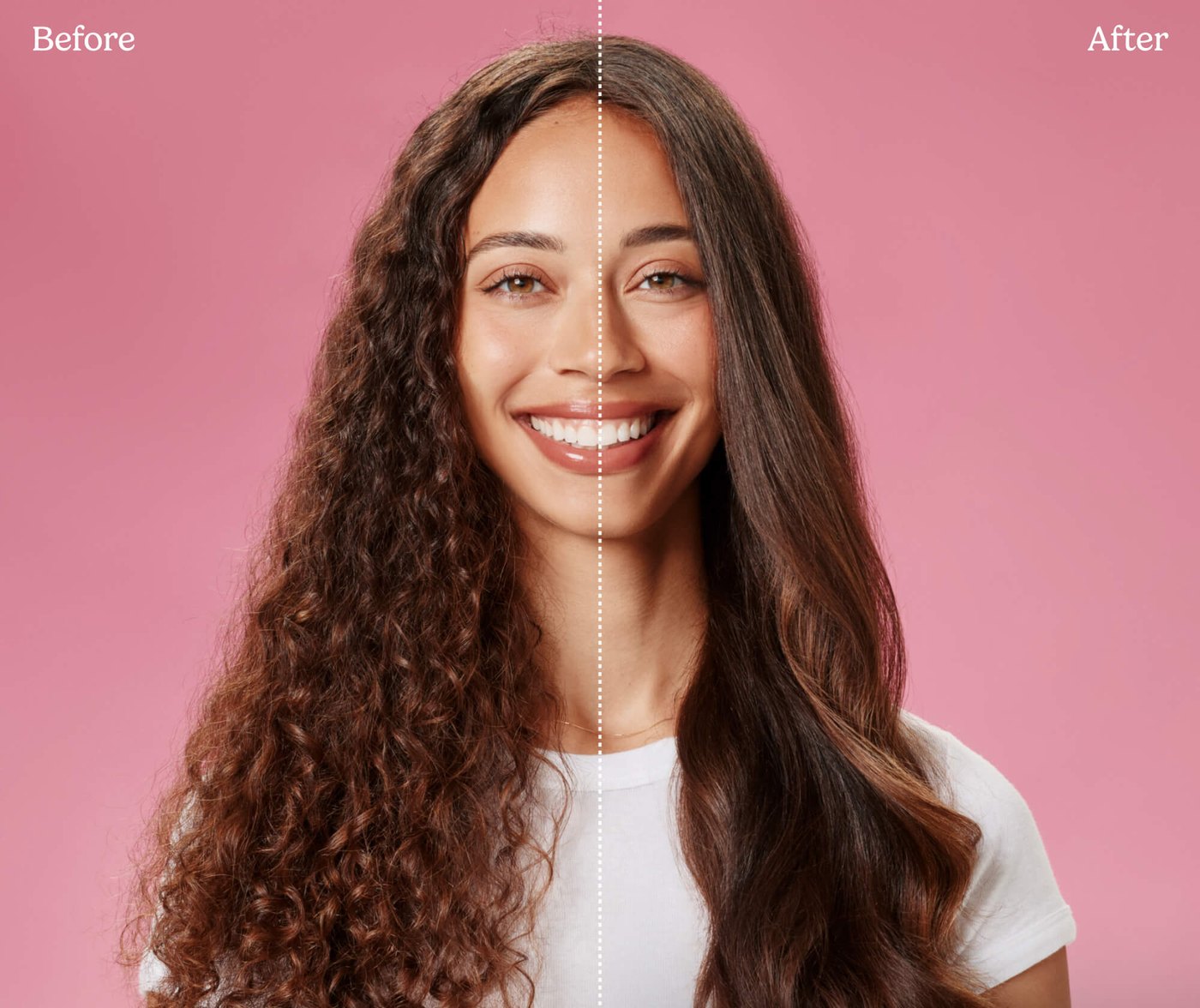 Before and after: the same woman with curly, frizzy hair on one side and smooth, bouncy waves on the other