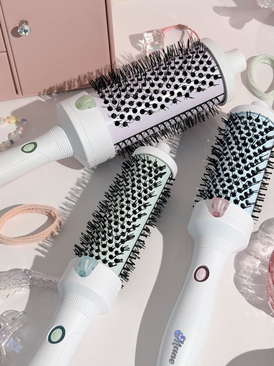 Mane Hot Round Brushes in different barrel sizes on a vanity