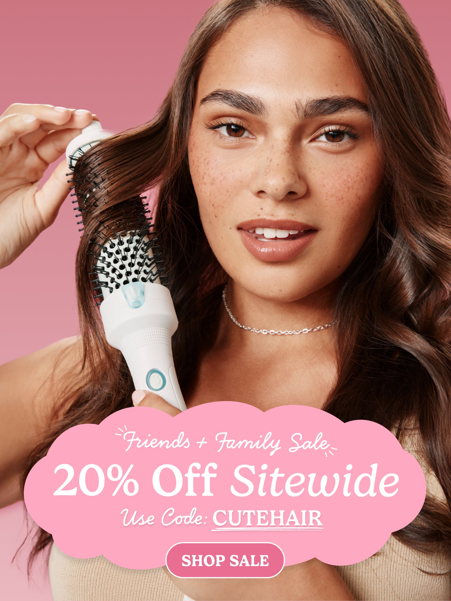 Woman using a hair dryer with a promotional overlay for a sale on a pink background