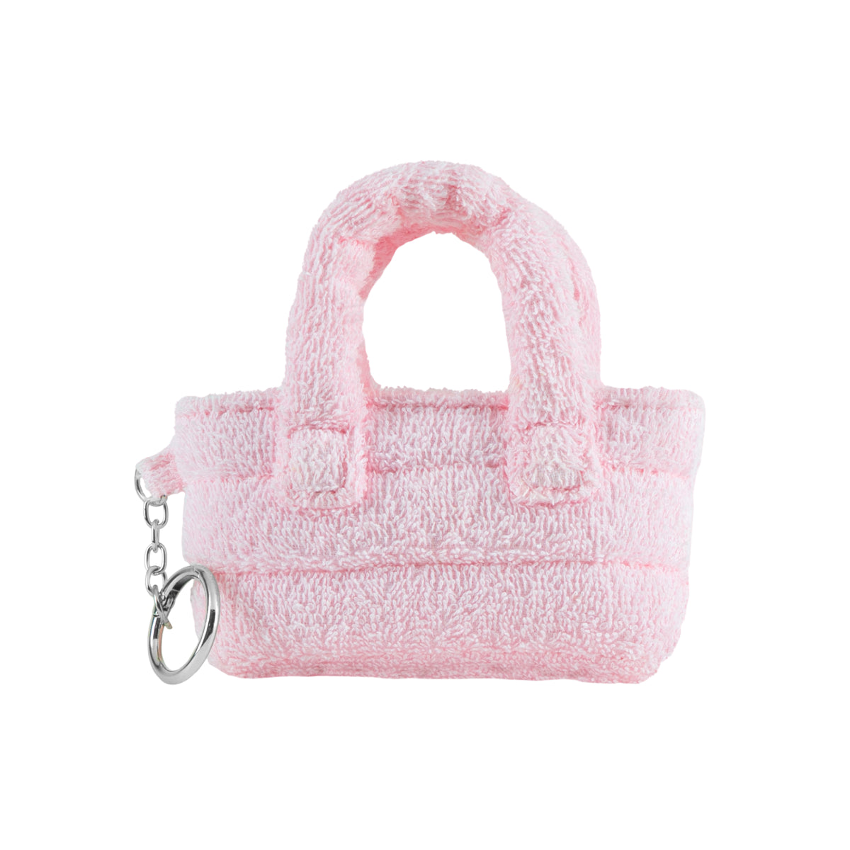 Pink fluffy Terry Tote Keychain bag with a silver chain strap