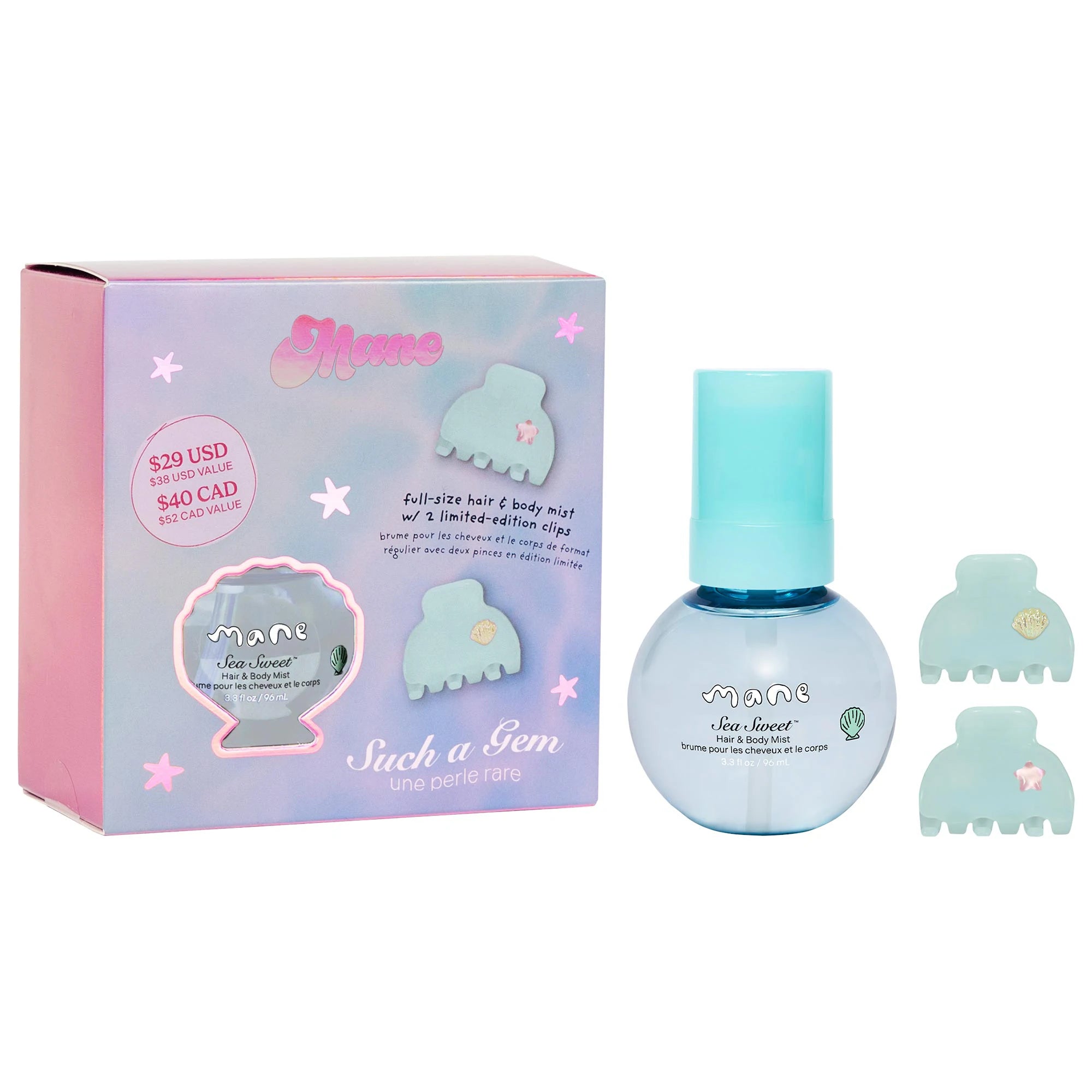 Sea Sweet™ Hair & Body Mist and two blue hair shell-shaped clips on white background next to Mane branded product box. 