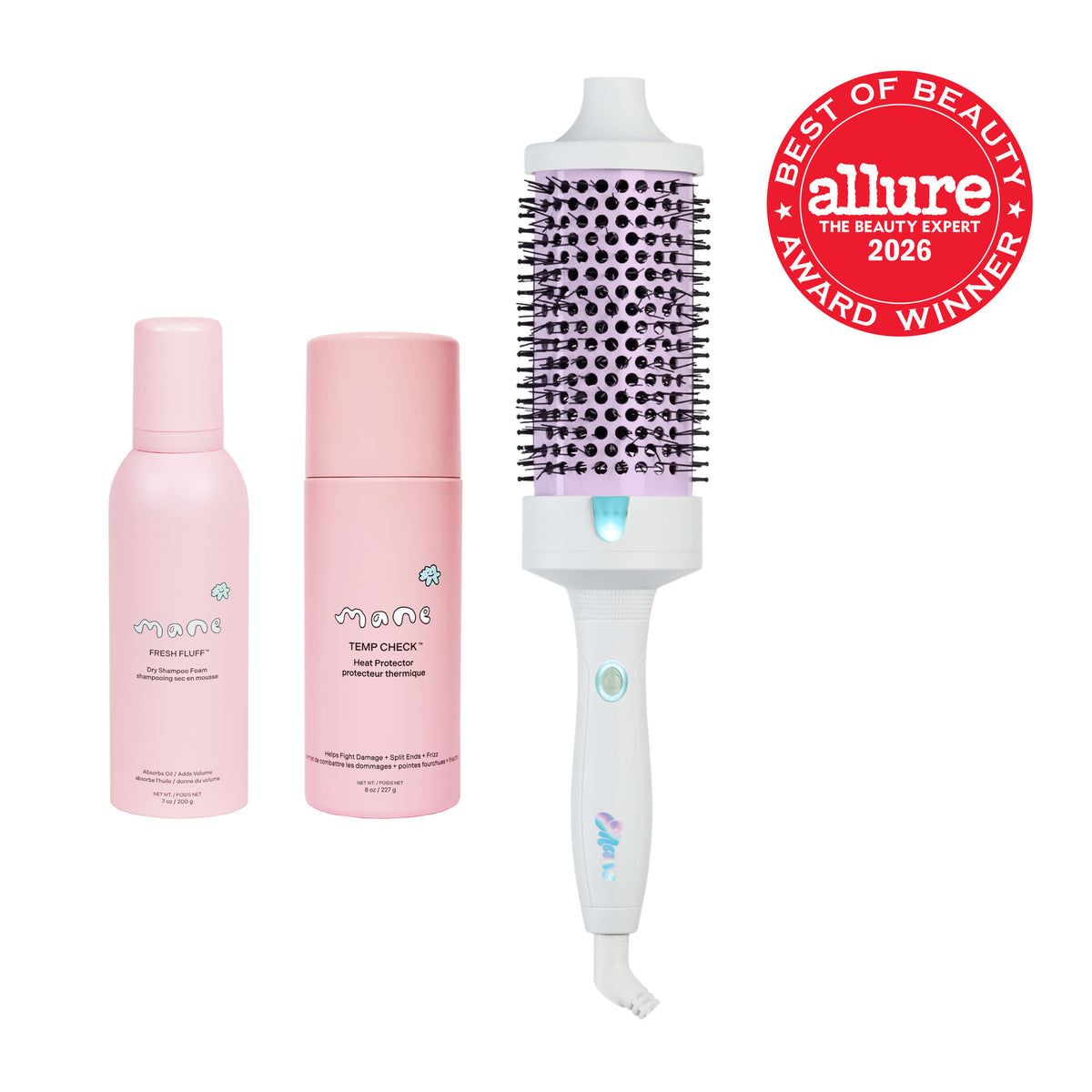 A beauty gift set featuring a white and purple round hairbrush with a built-in styling wand, alongside a pink spray bottle and a pink temperature-check spray bottle, with an Allure 2026 Best of Beauty award badge on a white background.