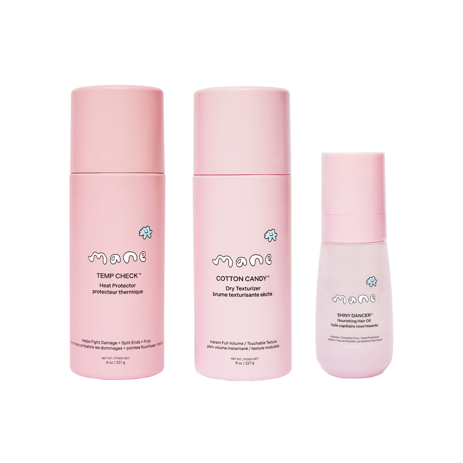 Three pink hair care products with 'mane' branding on a white background